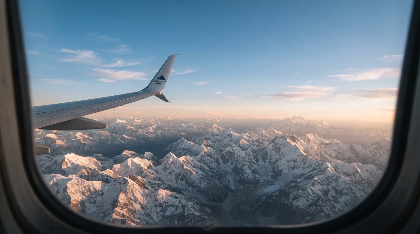 Aircraft wing above the Himalayan mountain range