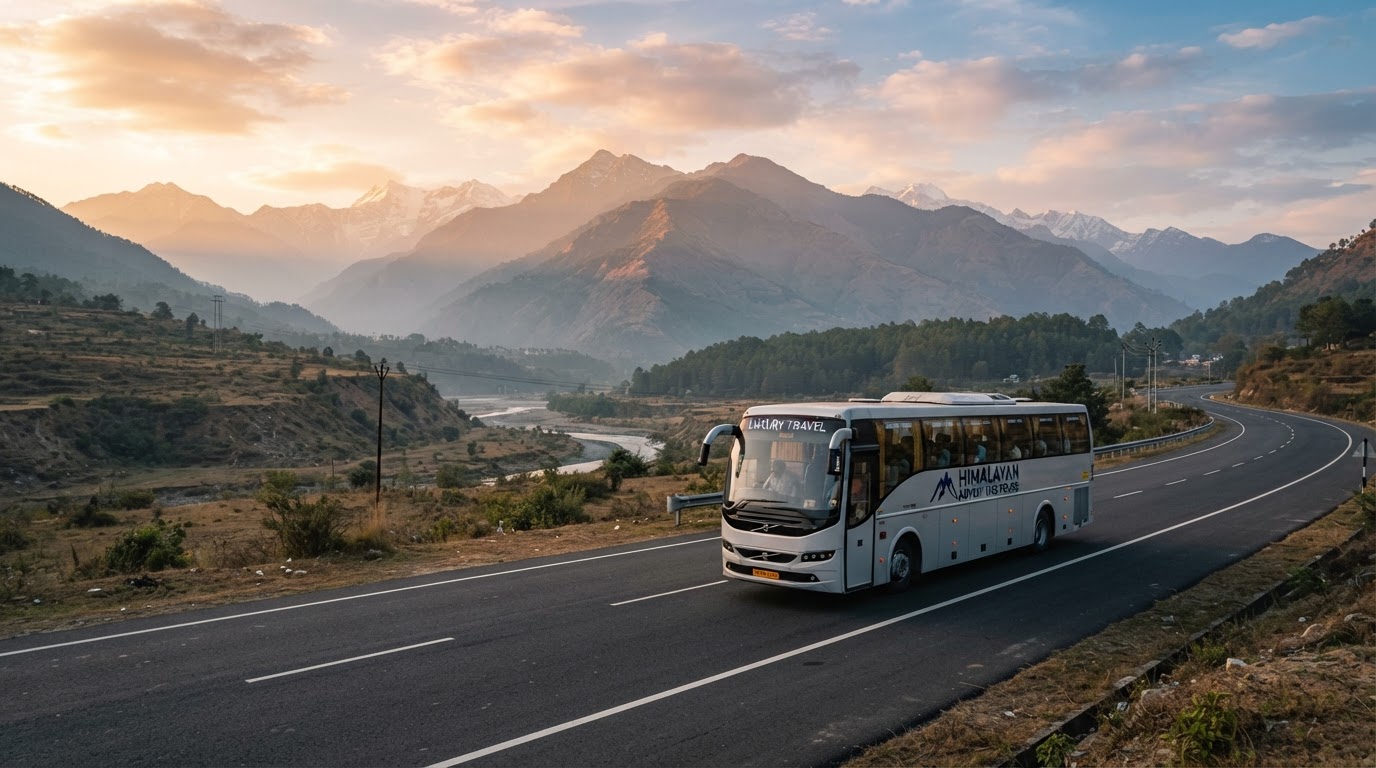 Luxury tourist coach on a highway at sunrise