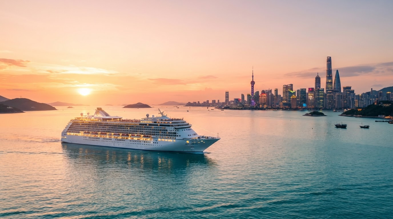 Cruise ship sailing near an Asian city skyline at sunset