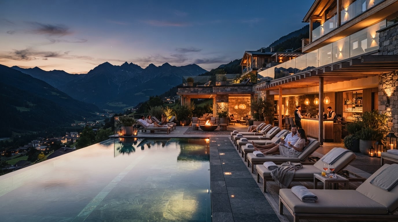 Luxury hotel pool terrace overlooking mountains at dusk