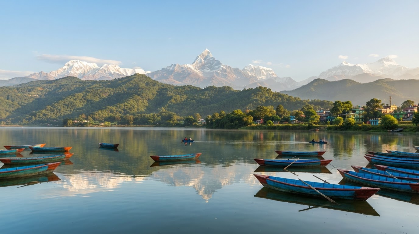 Boats on Phewa Lake in Pokhara with mountains behind