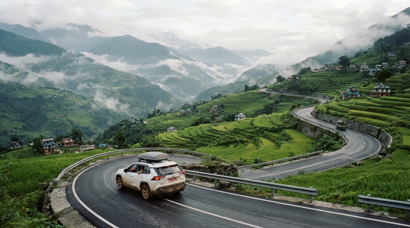SUV driving on a scenic mountain highway in Nepal